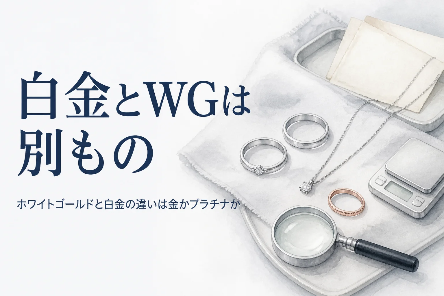 白銀色の指輪2つと古い保証書、「白金とWGは別もの」の文字