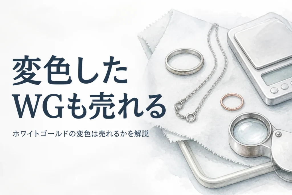 少し黄ばんだ白銀色の指輪とはかり、「変色したWGも売れる」の文字