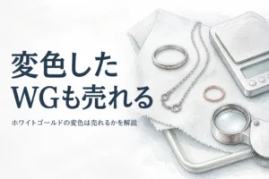 少し黄ばんだ白銀色の指輪とはかり、「変色したWGも売れる」の文字