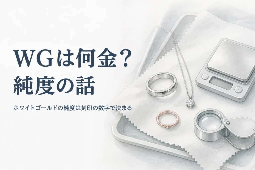 白銀色の指輪とはかり、「WGは何金？純度の話」の文字