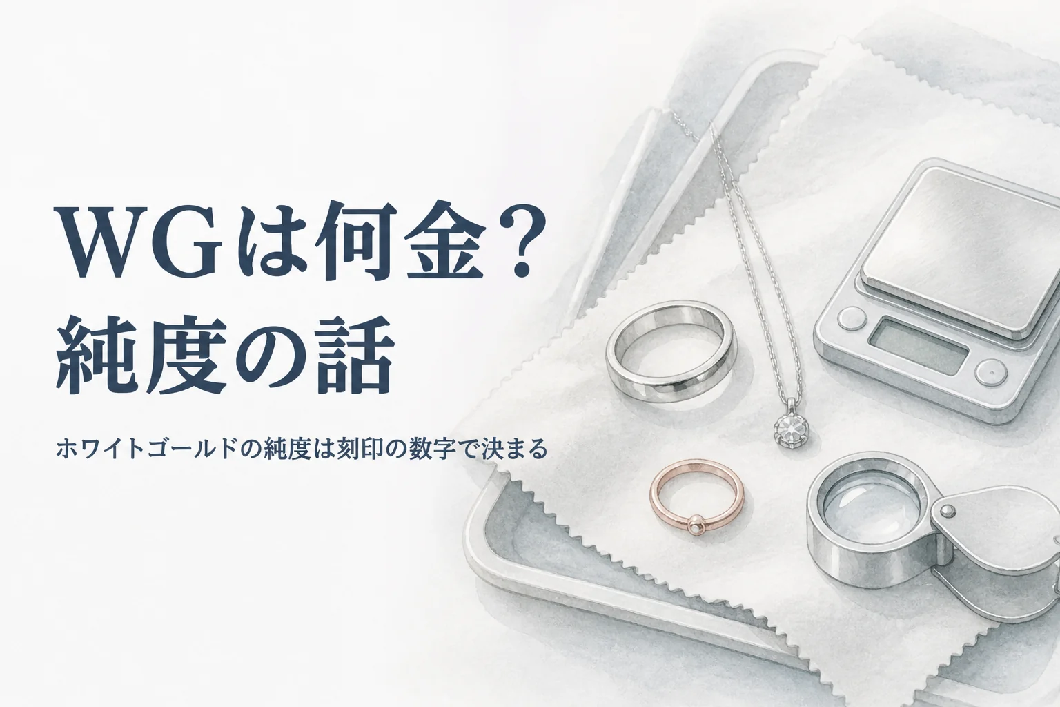 白銀色の指輪とはかり、「WGは何金?純度の話」の文字