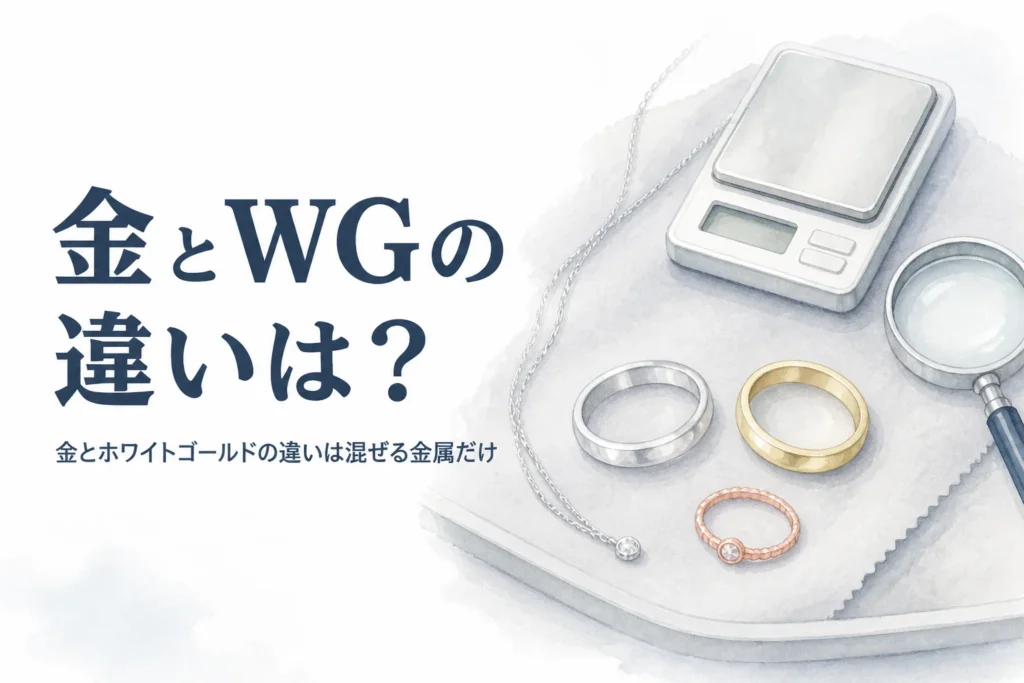 金色と白銀色の指輪とはかり、「金とWGの違いは？」の文字