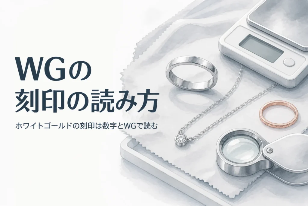 白銀色の指輪とルーペ、「WGの刻印の読み方」の文字