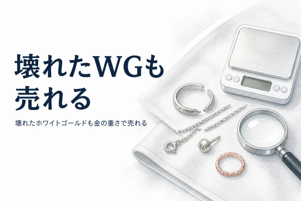 切れた白銀色のチェーンと片方のピアスとはかり、「壊れたWGも売れる」の文字