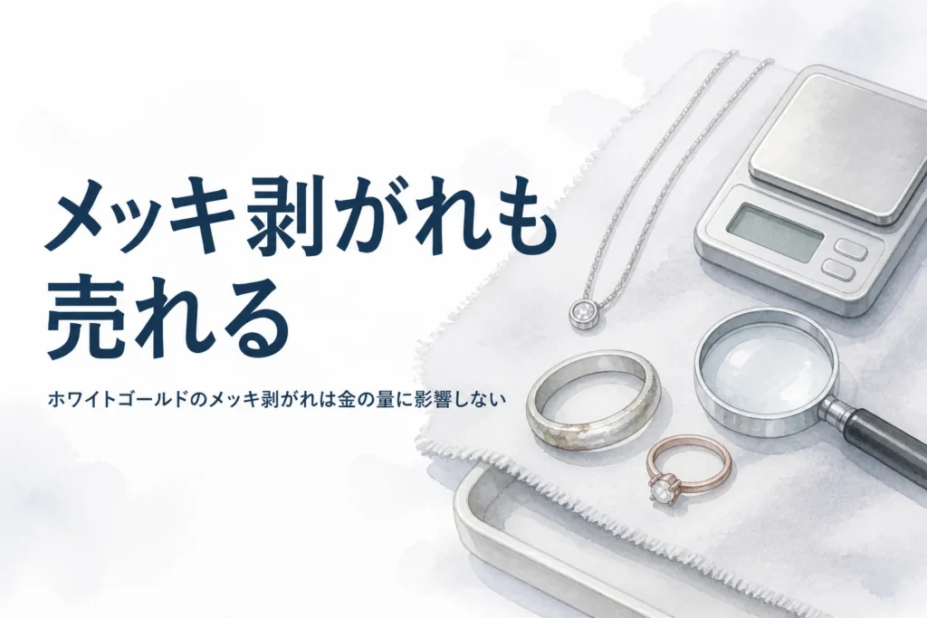 少し黄みがかった白銀色の指輪とはかり、「メッキ剥がれも売れる」の文字