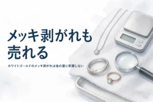 少し黄みがかった白銀色の指輪とはかり、「メッキ剥がれも売れる」の文字