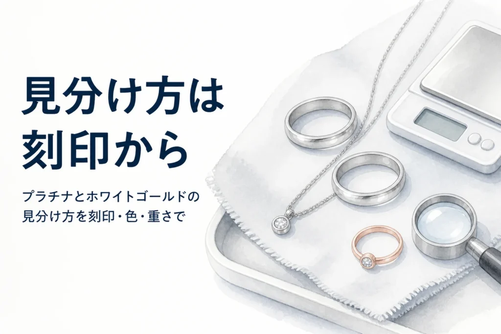白銀色の指輪2つとルーペ、「見分け方は刻印から」の文字