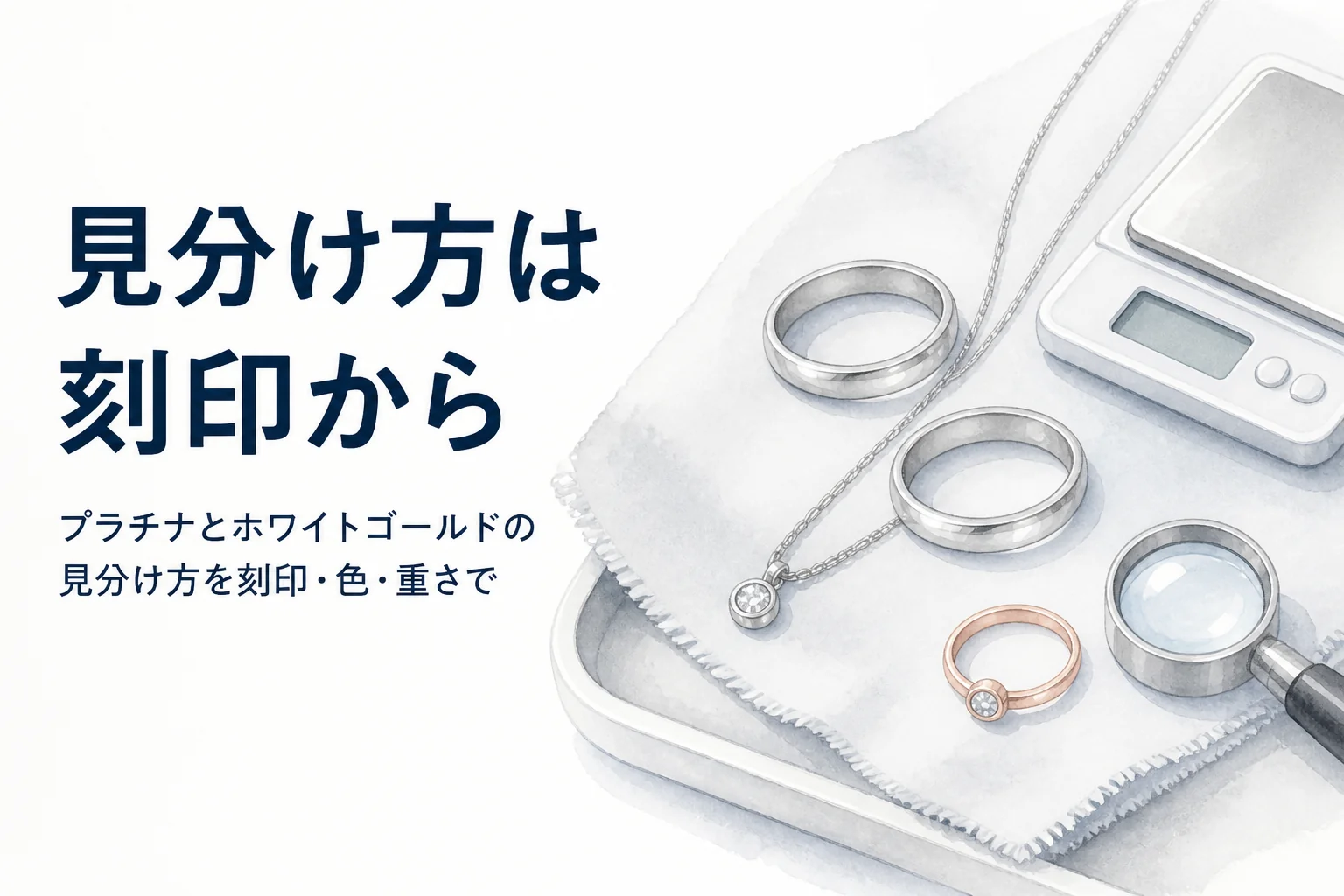 白銀色の指輪2つとルーペ、「見分け方は刻印から」の文字