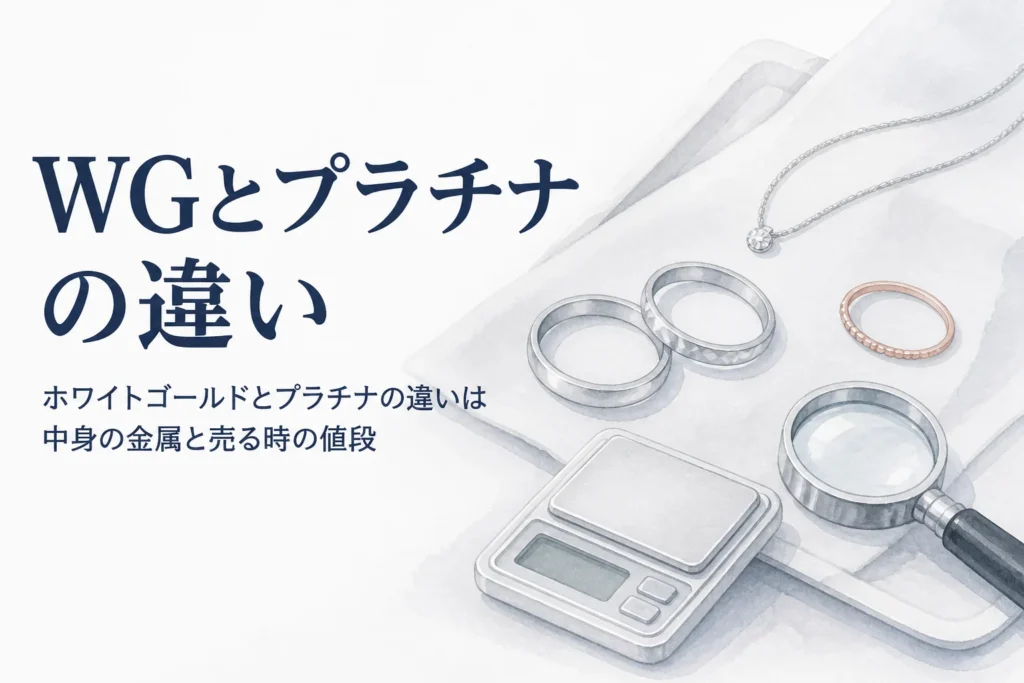 白銀色の指輪2つとはかり、「WGとプラチナの違い」の文字