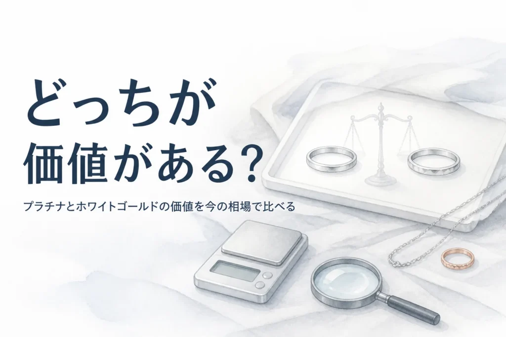 白銀色の指輪2つとはかり、「どっちが価値がある？」の文字