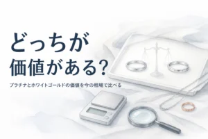 白銀色の指輪2つとはかり、「どっちが価値がある？」の文字