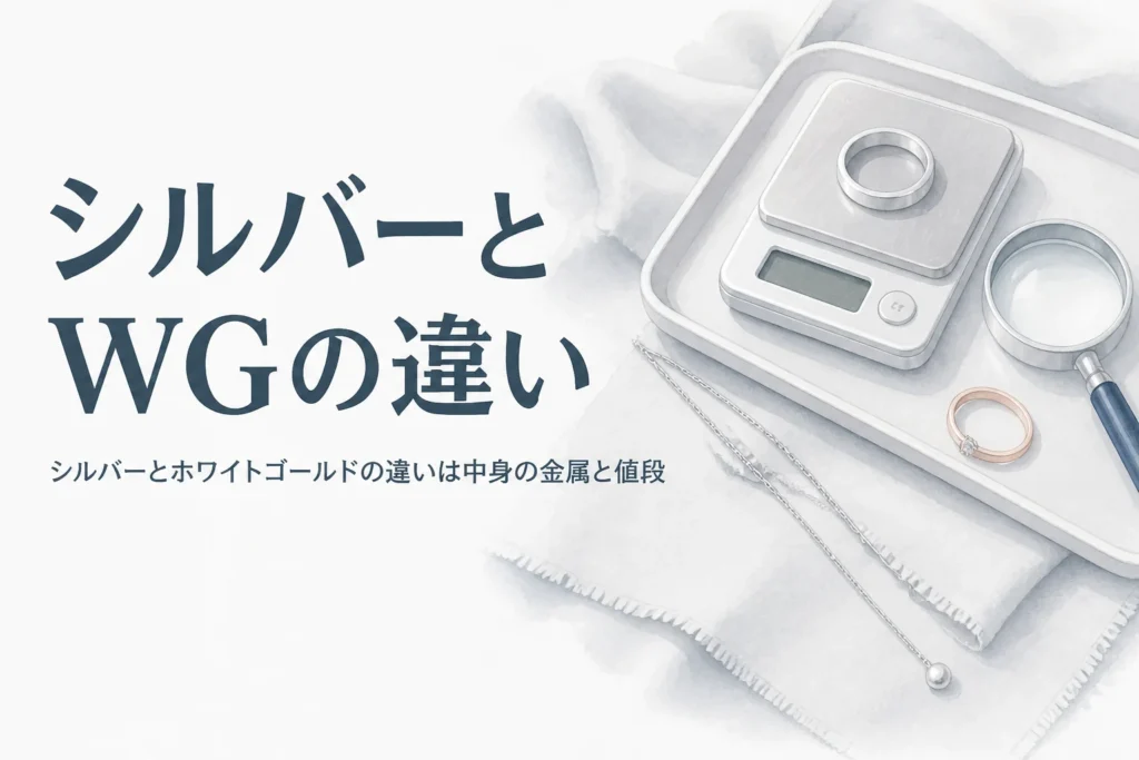 銀色のネックレス2本とはかり、「シルバーとWGの違い」の文字