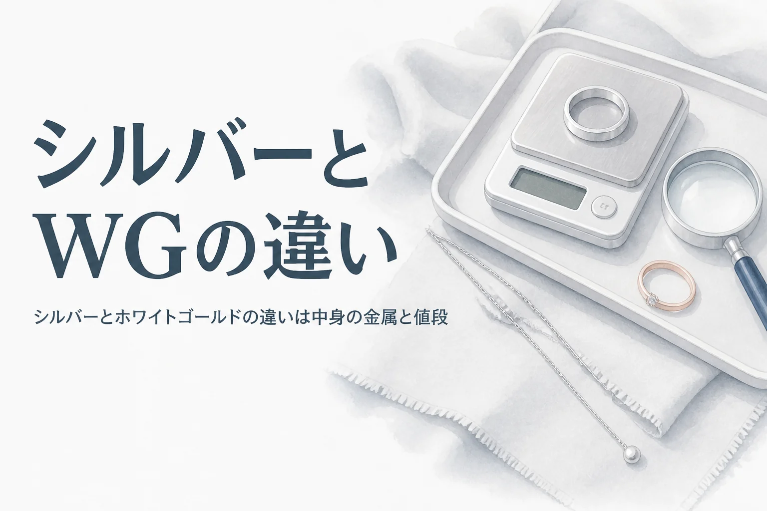 銀色のネックレス2本とはかり、「シルバーとWGの違い」の文字