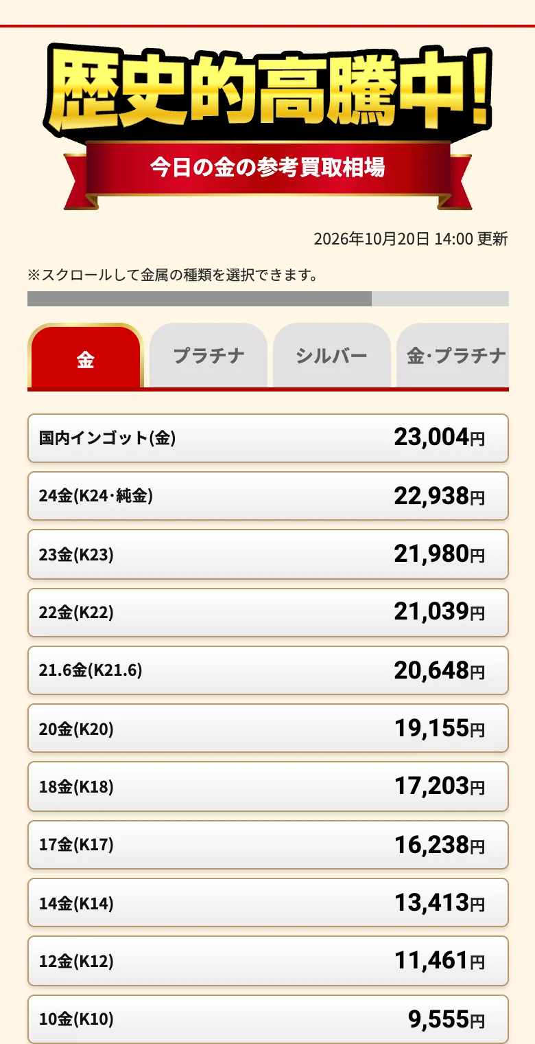 おたからや公式サイトのホワイトゴールド買取ページの今日の金の参考買取相場の画面